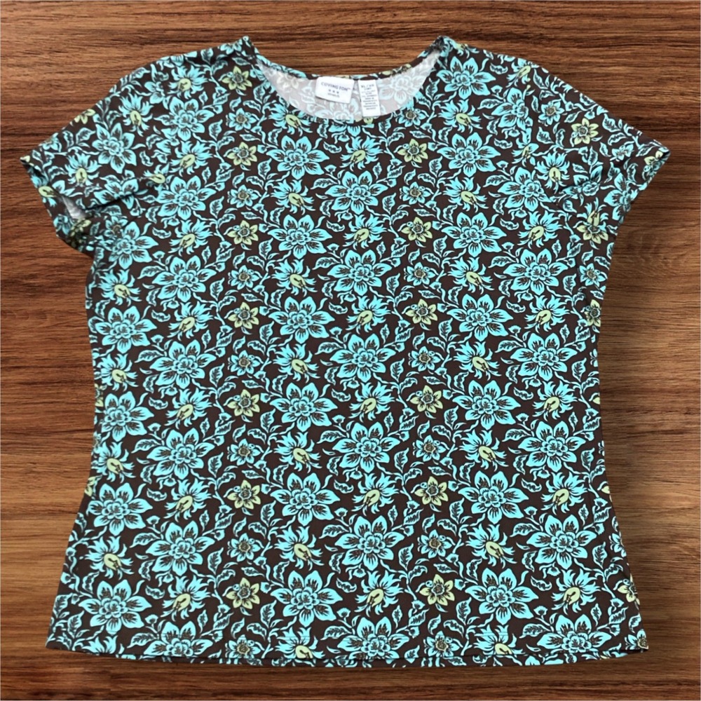 Covington Stretch Womens XL Floral Short Sleeve Top Turquoise Brown Timeless